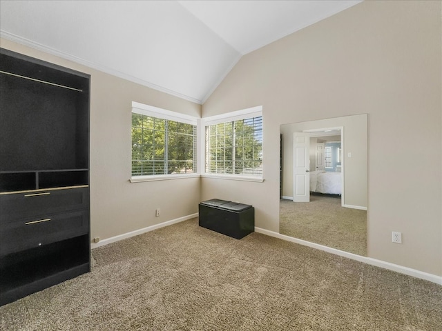 unfurnished bedroom with carpet flooring and vaulted ceiling