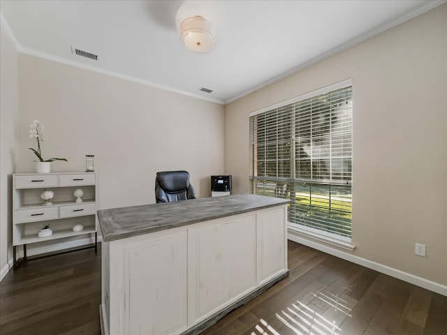 home office with dark hardwood / wood-style floors and crown molding