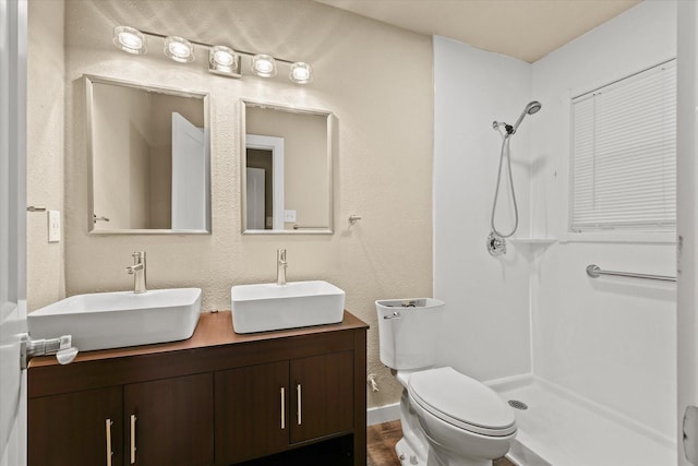 bathroom with vanity, toilet, and walk in shower