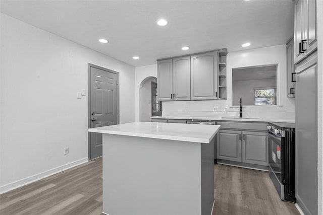 kitchen with electric range, a kitchen island, sink, and hardwood / wood-style flooring