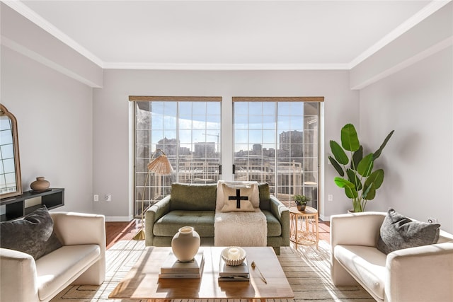 living room with hardwood / wood-style floors and ornamental molding