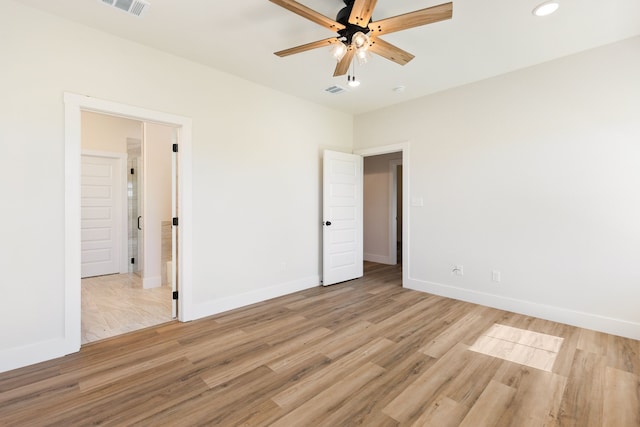 unfurnished bedroom featuring light hardwood / wood-style flooring and ceiling fan