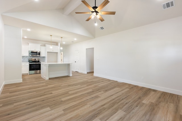 unfurnished living room with beam ceiling, ceiling fan, high vaulted ceiling, and light wood-type flooring