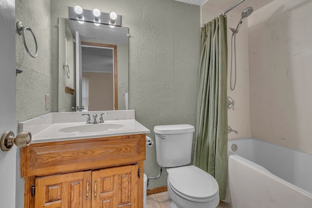 full bathroom with tile patterned floors, vanity, toilet, and shower / bath combo