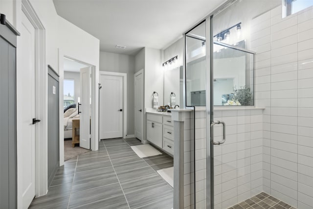 bathroom with vanity and walk in shower