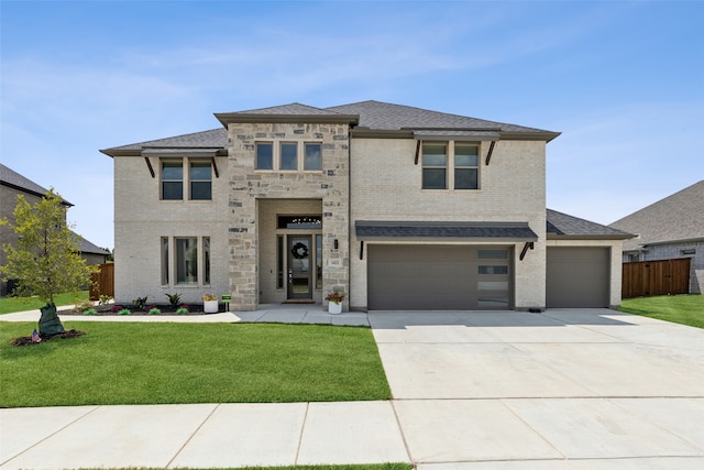 view of front of house featuring a front lawn and a garage