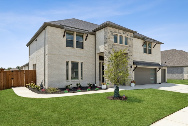 view of front of property featuring a front lawn and a garage