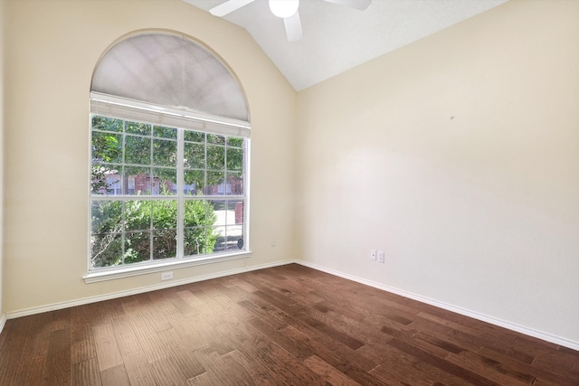 unfurnished room featuring ceiling fan, lofted ceiling, and hardwood / wood-style flooring