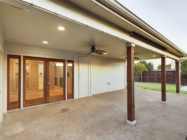 view of patio with ceiling fan and french doors