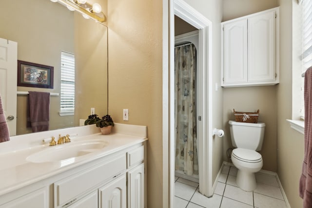 bathroom with tile patterned floors, vanity, toilet, and a shower with curtain