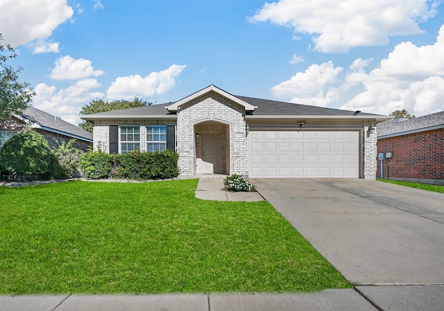 ranch-style home featuring brick siding, a shingled roof, concrete driveway, a front yard, and a garage