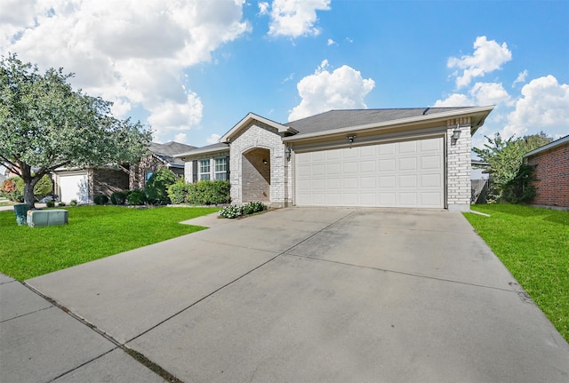 single story home with a front yard and a garage