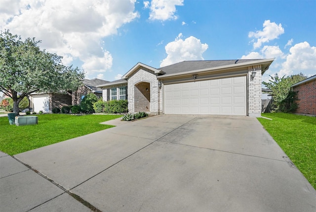 ranch-style house featuring driveway, brick siding, an attached garage, and a front yard