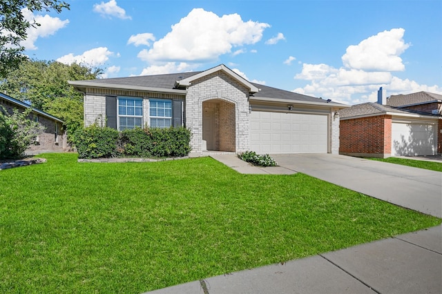 ranch-style house featuring brick siding, roof with shingles, concrete driveway, an attached garage, and a front yard