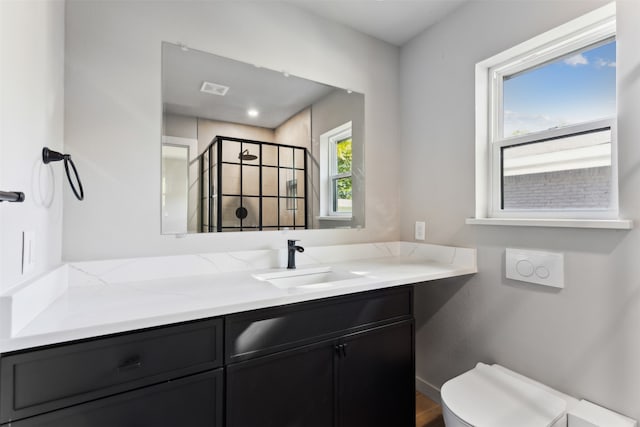 bathroom featuring vanity, toilet, and a shower with shower door