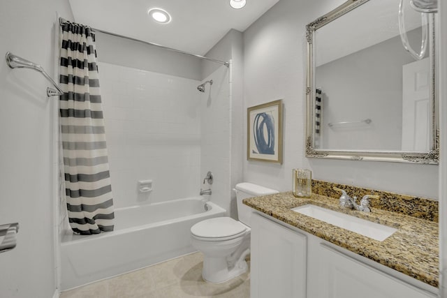 full bathroom with tile patterned floors, vanity, toilet, and shower / tub combo with curtain