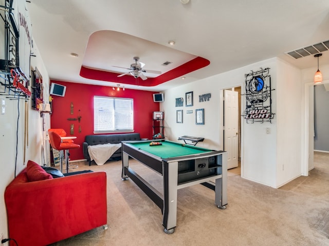 playroom featuring a raised ceiling, ceiling fan, carpet, and billiards