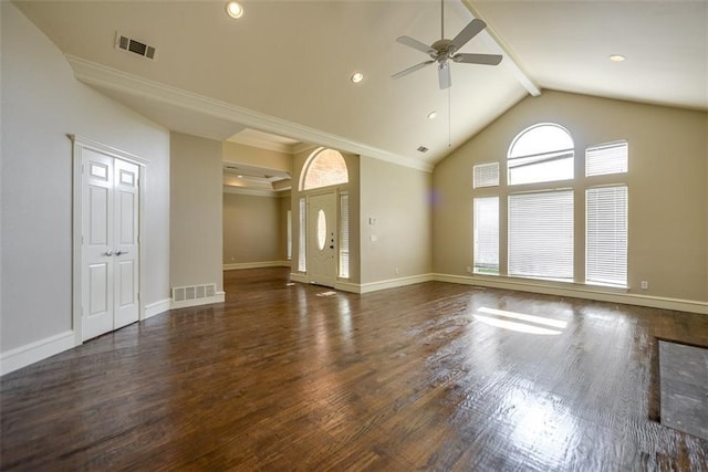 unfurnished living room with dark hardwood / wood-style floors, ceiling fan, beam ceiling, and high vaulted ceiling