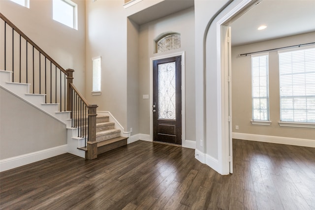 foyer entrance featuring plenty of natural light, dark hardwood / wood-style floors, and a towering ceiling