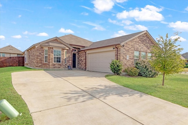 ranch-style house with a front yard and a garage