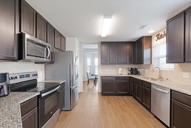 kitchen with decorative backsplash, light wood-type flooring, dark brown cabinets, stainless steel appliances, and sink