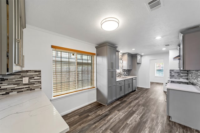 kitchen with decorative backsplash, ornamental molding, gray cabinetry, sink, and dark hardwood / wood-style floors