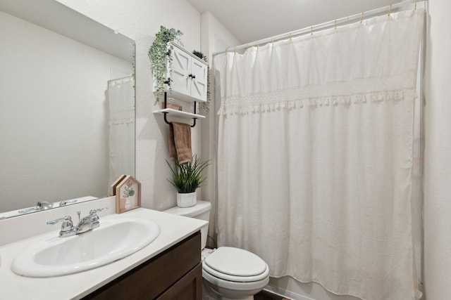 full bathroom with vanity, toilet, and shower / bathtub combination with curtain