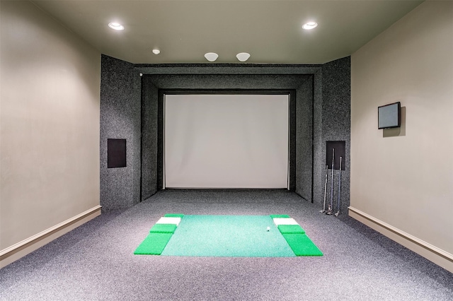 carpeted home theater with golf simulator