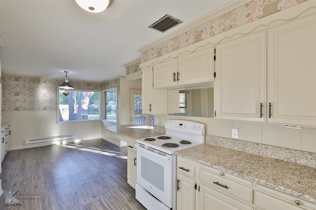 kitchen with white range with electric stovetop, baseboard heating, dark wood-type flooring, white cabinets, and hanging light fixtures