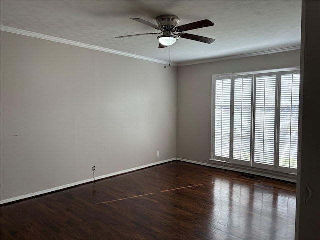 unfurnished room with ceiling fan, dark hardwood / wood-style flooring, and crown molding