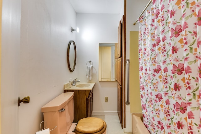 full bathroom featuring tile patterned flooring, vanity, shower / bath combination with curtain, and toilet