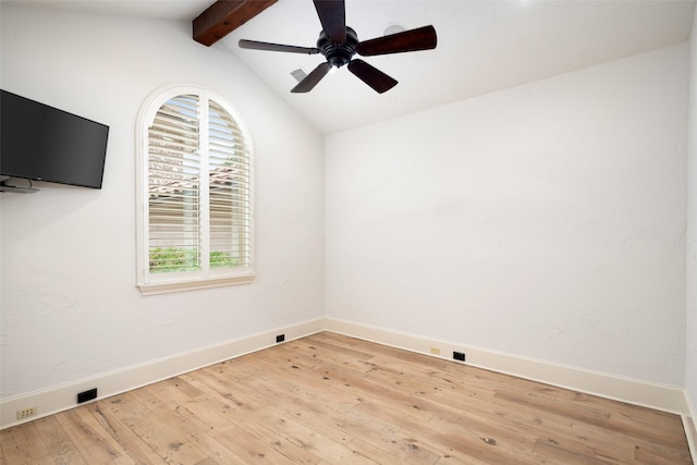 empty room featuring lofted ceiling with beams, ceiling fan, baseboards, and light wood-style floors