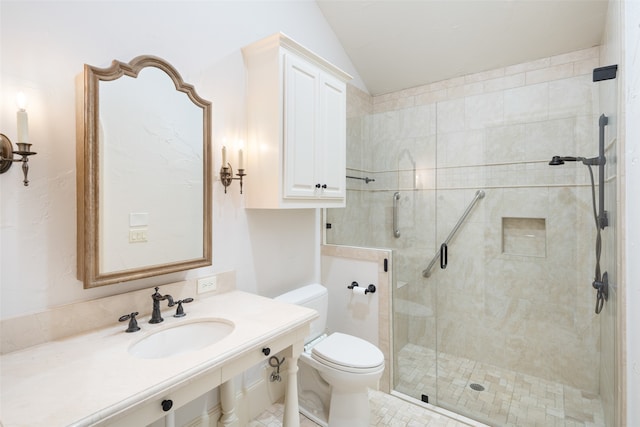 bathroom featuring sink, walk in shower, tile patterned floors, vaulted ceiling, and toilet