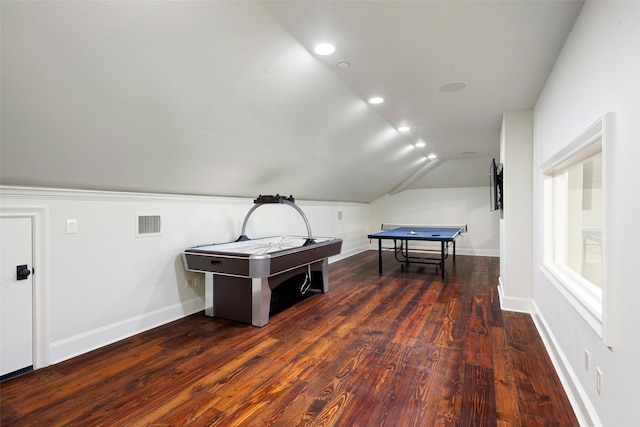 playroom featuring dark hardwood / wood-style floors and vaulted ceiling