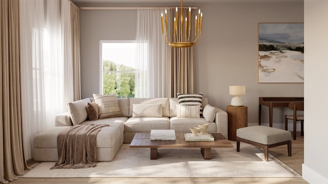 living area with a notable chandelier and light hardwood / wood-style floors