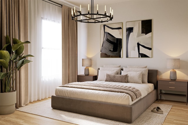 bedroom with light hardwood / wood-style floors and an inviting chandelier