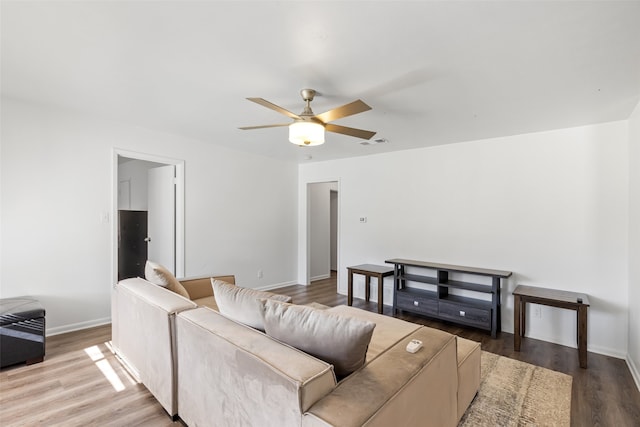 living room with ceiling fan and wood-type flooring