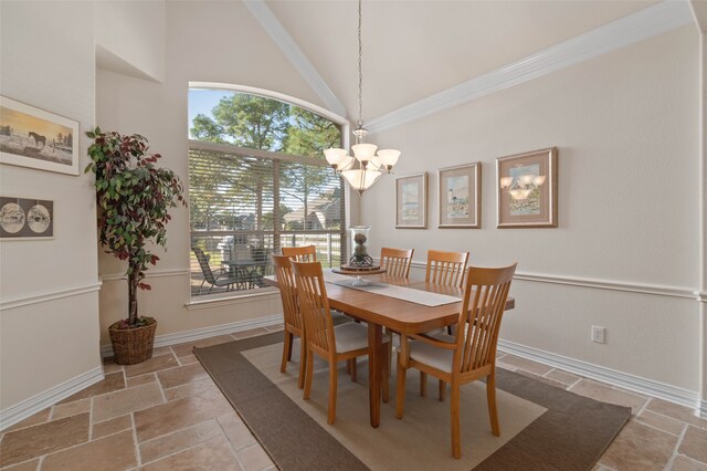 dining room featuring an inviting chandelier, high vaulted ceiling, and crown molding