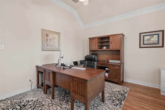 office area with light hardwood / wood-style flooring, ceiling fan, lofted ceiling, and crown molding