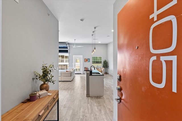 foyer entrance with light hardwood / wood-style floors