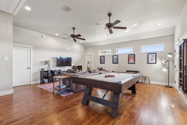 rec room featuring ceiling fan, hardwood / wood-style floors, and billiards