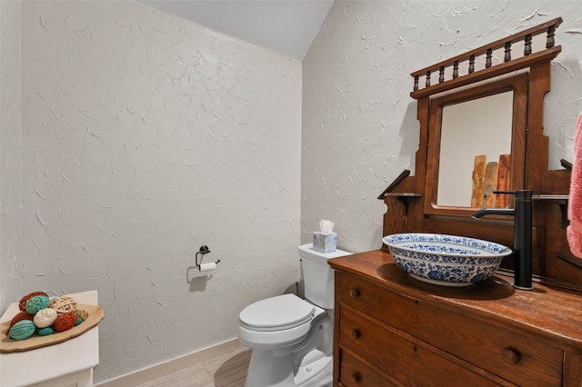 bathroom featuring toilet, vanity, and vaulted ceiling