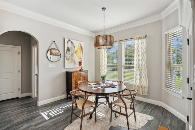 dining area with dark hardwood / wood-style floors and ornamental molding