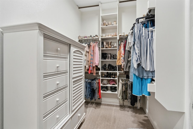 walk in closet with light carpet