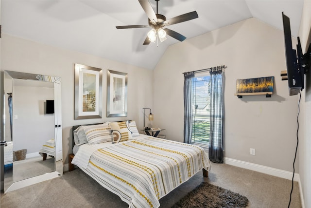 carpeted bedroom with ceiling fan and lofted ceiling