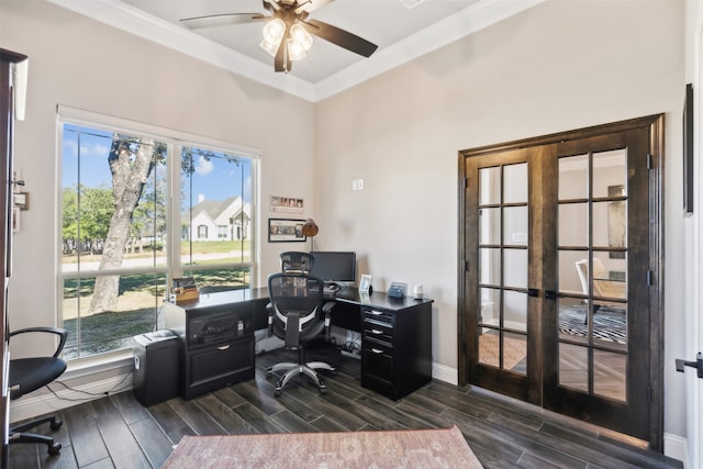 office area with ceiling fan, french doors, dark wood-type flooring, and ornamental molding