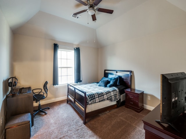 carpeted bedroom featuring vaulted ceiling and ceiling fan