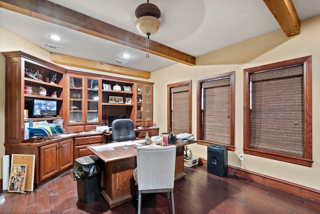 office space featuring beamed ceiling, ceiling fan, and dark hardwood / wood-style flooring