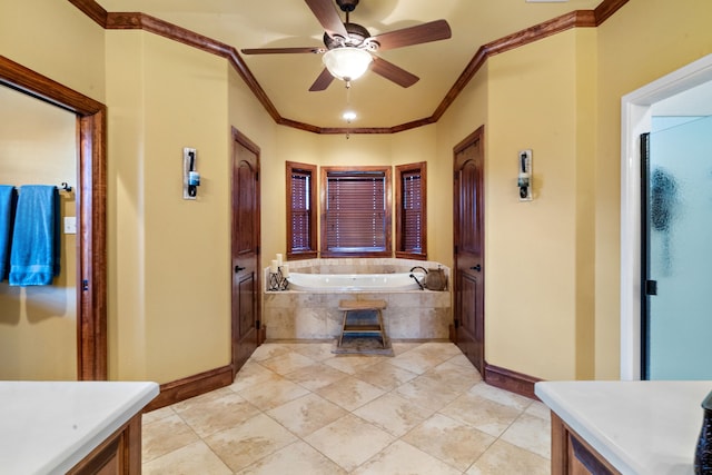 bathroom with ceiling fan, plus walk in shower, tile patterned flooring, vanity, and ornamental molding