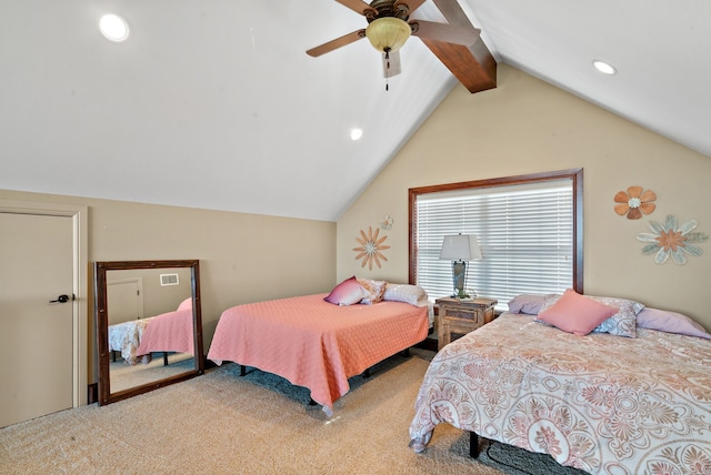 bedroom with vaulted ceiling with beams, ceiling fan, and carpet floors